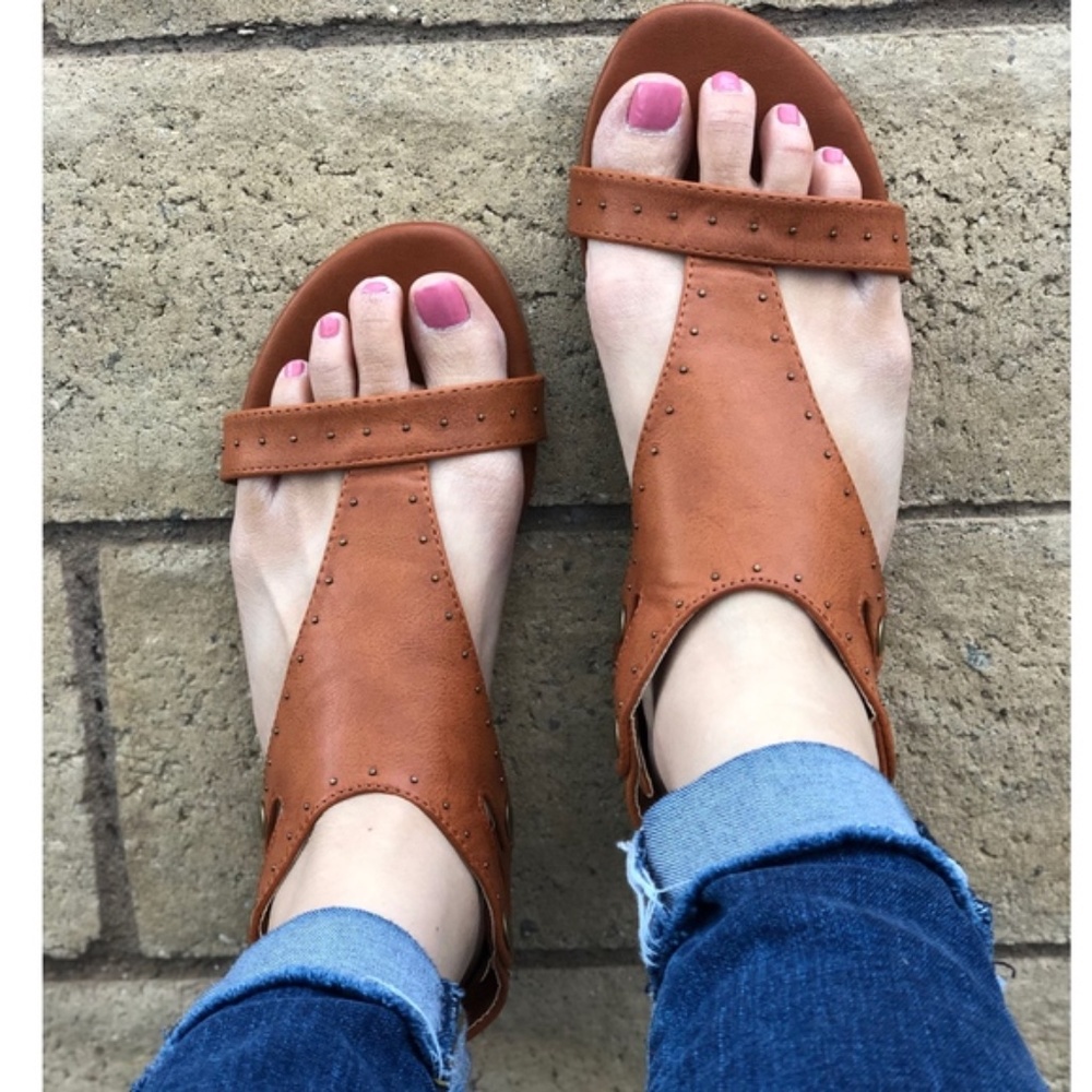 Tan Vegan Leather Studded Sandals - Picture 5 of 8